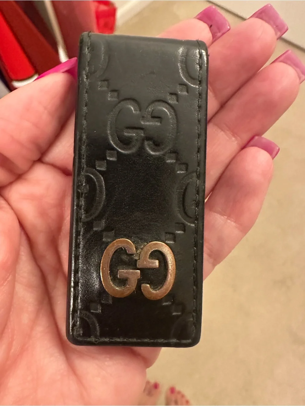Gucci Black Embossed Leather Money Clip with Gold Double G